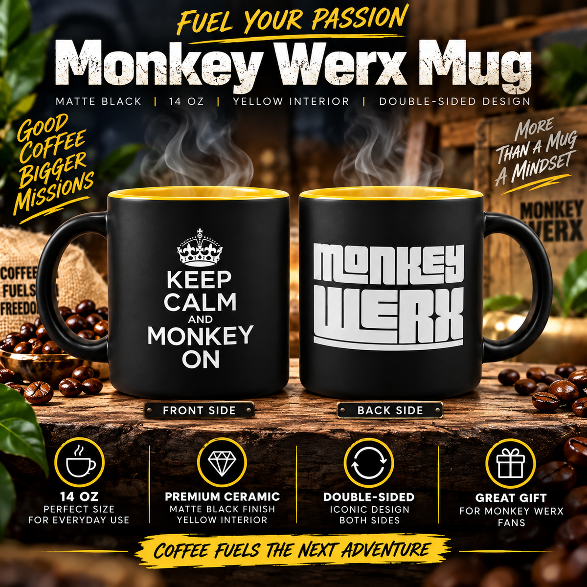 Keep Calm 14oz Matte Black / Yellow Coffee Mug
